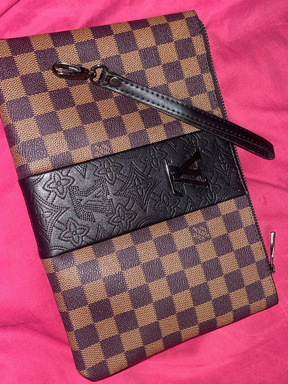 Louis Vuitton Brown Damier Ebene & Black Embossed Wristlet Clutch